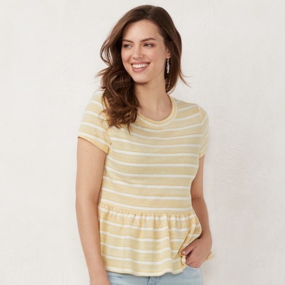 LC LAUREN CONRAD Petite Top Peplum Short Sleeves Yellow Stripe LP - Picture 1 of 5